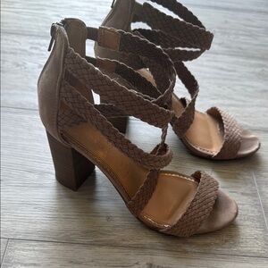 LC Lauren Conrad Taupe Braided Heeled Sandals